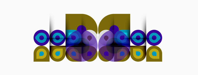 Abstract graphic design features colorful circles, squares, plus letter B. Modern aesthetic, vibrant hues create playful composition. © antishock