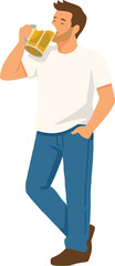 Man Holding Beer Mug Drinking Full Body Illustration featuring Cheerful Character Toasting with Refreshing Beverage for Bar and Celebration Design