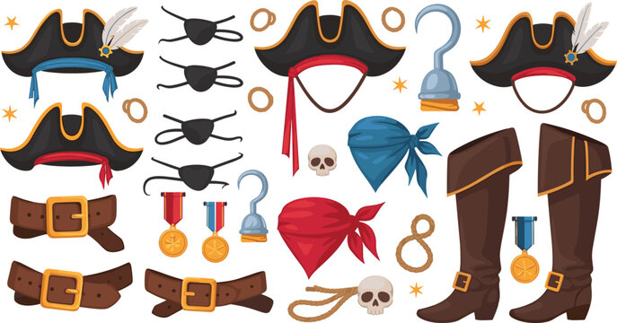 Pirate Costume Accessories Vector Set with Captain Hat, Eye Patch, Hook, Boots, Belt, Bandana and Medals