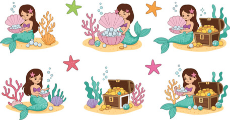 Fototapeta premium Cute Mermaid Treasure Cartoon Vector Set Featuring Little Mermaid with Pearls, Seashells, Coral, Starfish, and Treasure Chest in Adorable Ocean Style