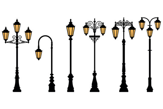 Vintage Street Lamp Silhouettes with Glowing Lanterns. Retro Wrought Iron Street Light Icons for Cityscape Design. Traditional European Style Streetlamp Illustrations with Yellow Light. 