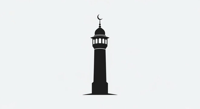 Islamic mosque minaret silhouette at dusk with crescent moon top icon