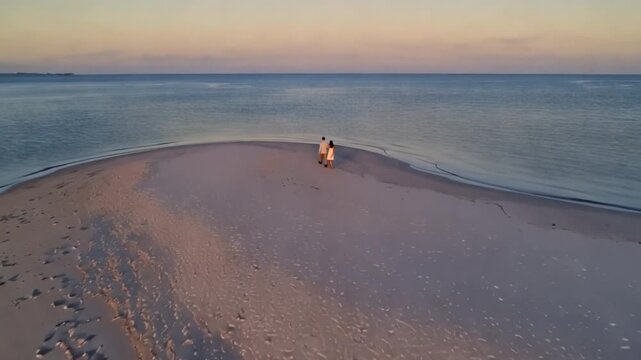 Coastal Harmony: An aerial view of a couple walks along the sandy shore, embracing the tranquility of the ocean under a serene, colorful sky.