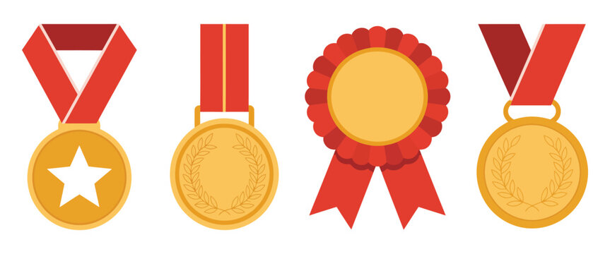 Flat vector set of four golden first-place medals and a rosette award with bright red ribbons, symbolizing