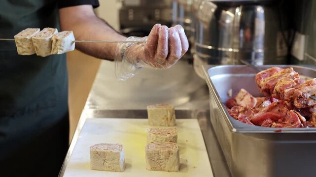 Man in plastic glove holding a skewer with pieces of pita bread ready for cooking on the grill.