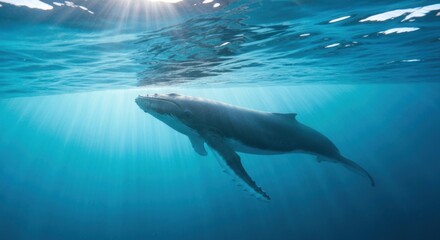 Obraz premium Gentle giant swims gracefully underwater, sun rays pierce the surface