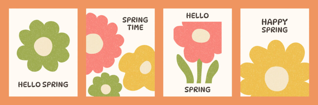 Flower poster set with simple retro shapes and grain texture. Bright floral elements blooming in spring season. Decorative design for greeting card, poster, banner, social media