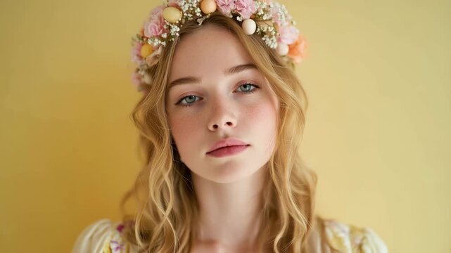 Young woman with floral crown of spring flowers on yellow background in elegant easter spring beauty portrait
