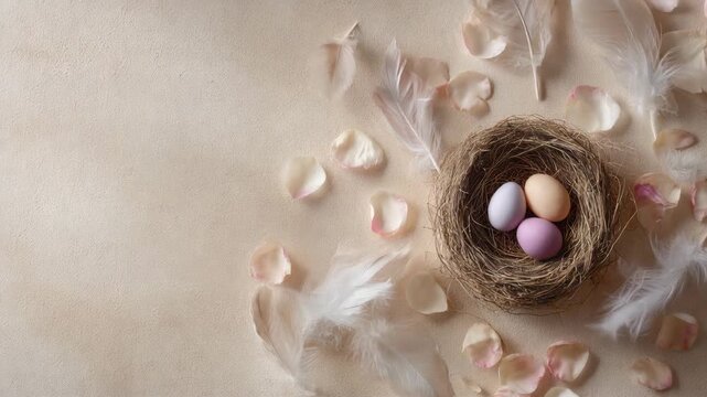 Delicate easter nest with pastel speckled eggs surrounded by rose petals and feathers on beige background with copy space

