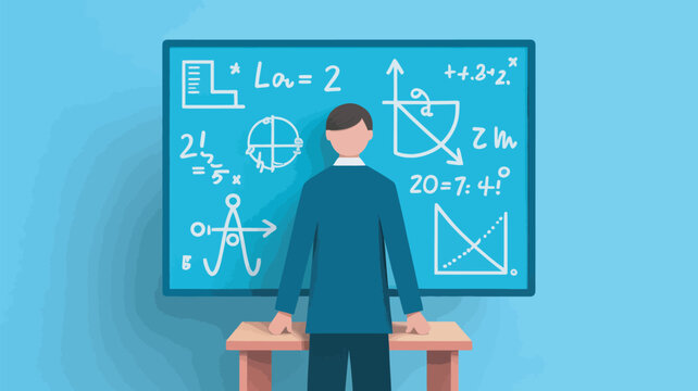 A cartoon man stands in front of a large chalkboard filled with complex mathematical equations and diagrams.
