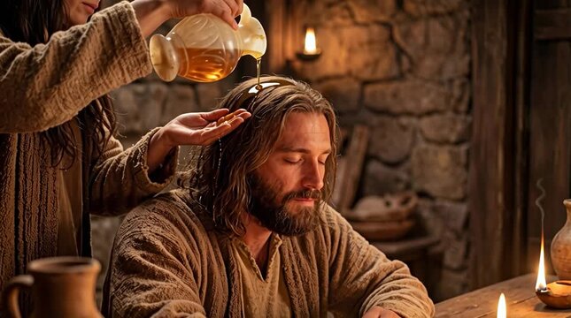 Woman Pouring Perfumed Oil from Alabaster Jar