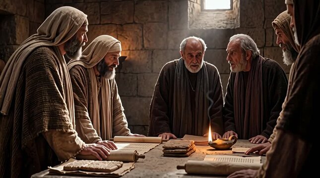 Ancient Chief Priests and Scribes Plotting in Dim Temple