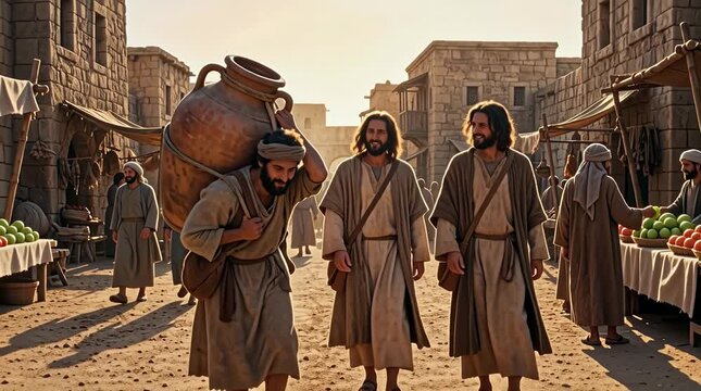 Disciples Following Man Carrying Clay Water Jar on Street