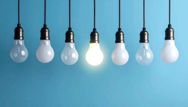 A single lit bulb among seven hanging bulbs on a blue background