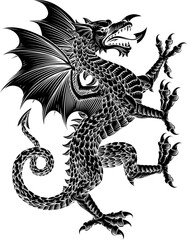 Fototapeta na wymiar A heraldry coat of arms crest style rearing heraldic Welsh dragon symbol of Wales standing on hind legs in a vintage woodcut style