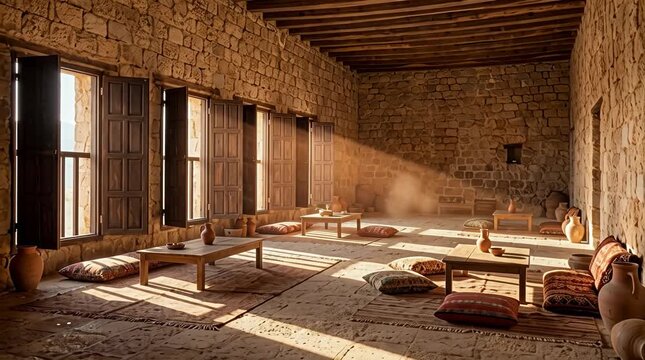 Ancient Upper Room Furnished with Low Tables and Cushions