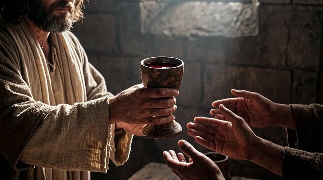 Passing a Rustic Wooden Cup of Red Wine Close-Up