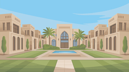 Fototapeta premium A serene and luxurious Middle Eastern-style resort with a large pool and beautifully manicured lawns