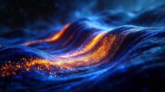 Abstract blue and orange energy fluid wave with glowing particles on dark background
