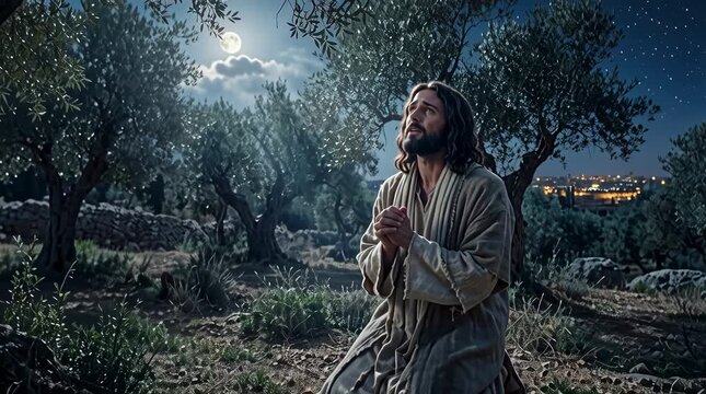Man Kneeling in Prayer on Ground in Moonlight