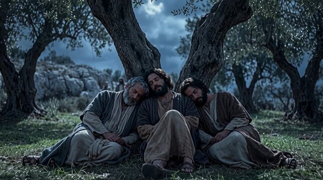 Men Sleeping on Grass Under Olive Trees at Night