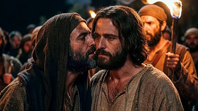 Man Kissing Another on the Cheek in Torchlight