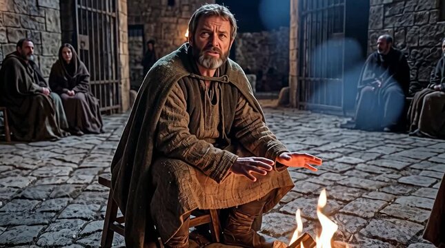 Anxious Man Warming Hands by Campfire in Stone Courtyard