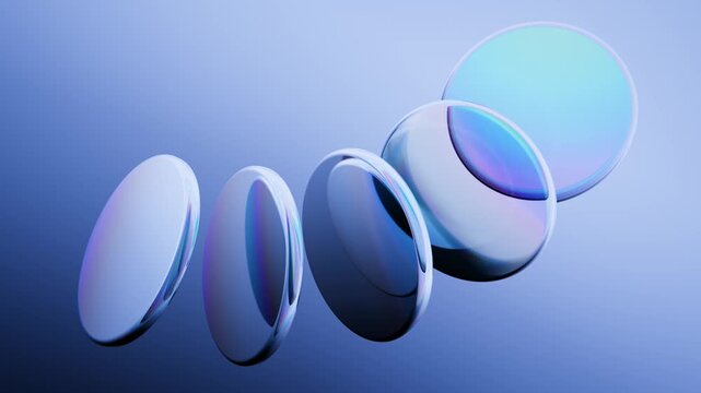 Precise iridescent discs glass plates on a dark blue background. Endless loop.