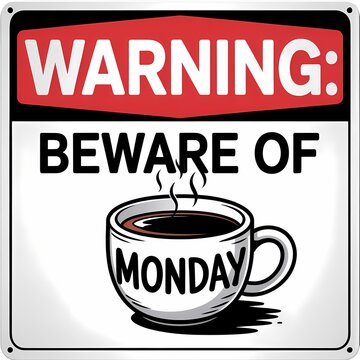 Warning beware of Monday sign with steaming cup icon on simple light background