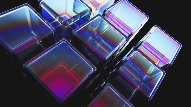 Iridescent glass cubes endlessly rotating, reflecting vibrant colors on a dark background. Seamless loop