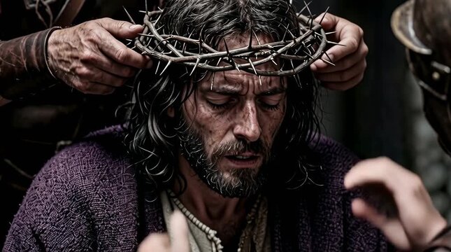 Soldiers Placing Crown of Thorns on Man's Head Close-Up
