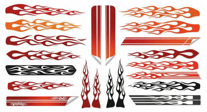 Assorted Flame and Stripe Decals for Vehicle Customization.