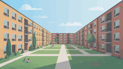 A vibrant university campus with modern apartment buildings and a green courtyard