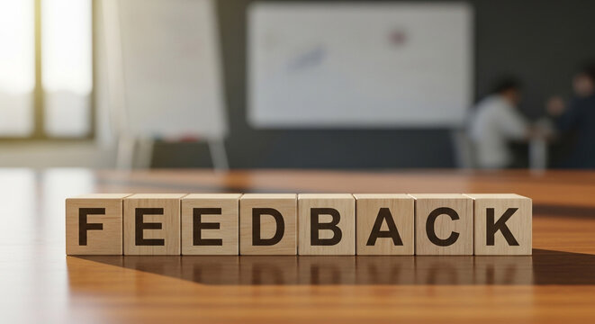 Wooden feedback blocks on desk with computer screen in modern office background