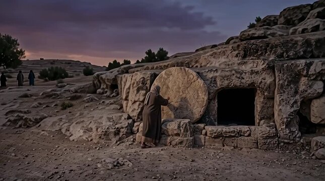 Man Rolling Massive Circular Stone Across Tomb Entrance