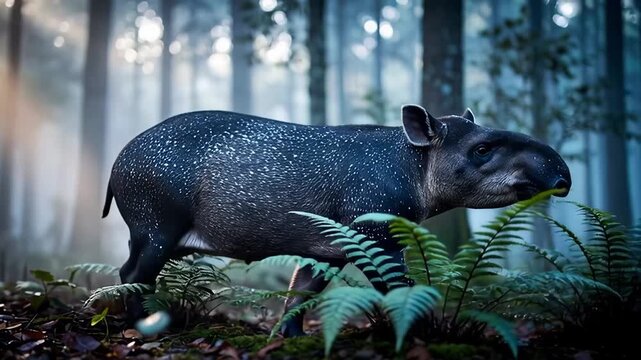 Mysterious Tapir Roaming Through a Misty SunDappled Forest at Dawn.