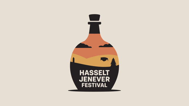 A vibrant festival logo featuring a bottle with a scenic landscape and the Hasselt Jenever Festival name