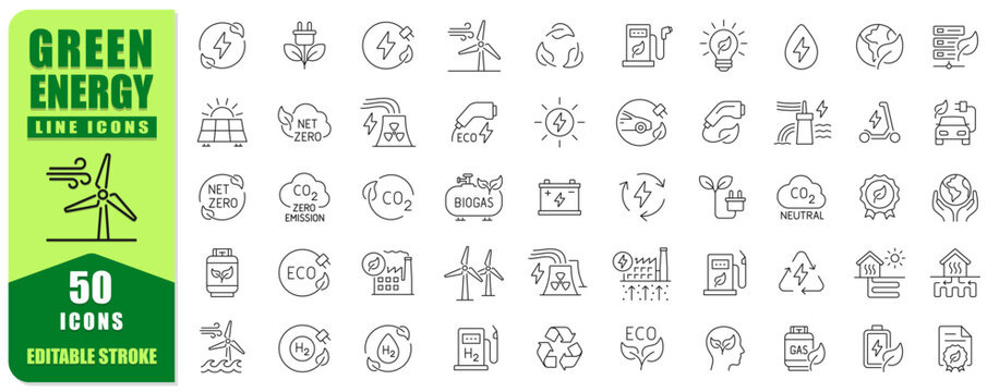 Green Energy Line Icon Set Featuring Modern Editable Stroke Symbols Of Renewable Power, Sustainability, Ecology, And Clean Technology. Perfect For Apps, Web, Infographics, Presentations, And Environme