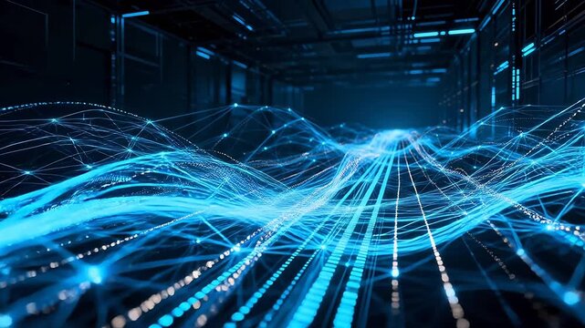 Digital blue data network with binary code in dark space