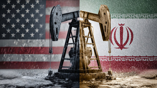 The scene shows a split design featuring the American flag and an oil pump on one side and the Iranian flag on the other. The background highlights oil rigs