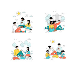 Fototapeta premium Happy Group Picnic Activities Vector Illustration Set