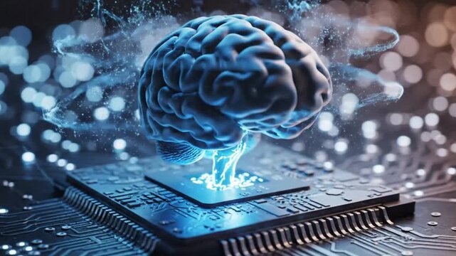 A blue brain with glowing connections on a computer chip with circuit board and bokeh background representing artificial intelligence and technology