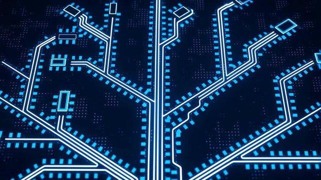 Circuit board with blue glowing dots and lines on a dark background featuring technology, electronics, digital with futuristic and neon elements for