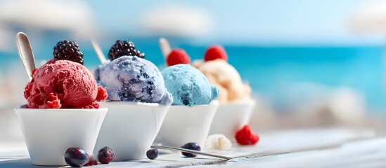 Obraz premium Delicious flavored ice creams on a beach background