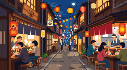 Naklejka premium Bustling Japanese food alley at night where people eat ramen at outdoor stalls under the warm glow of paper lanterns.