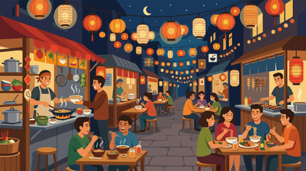 Fototapeta premium A lively vector illustration of an Asian street food market at night, with people eating noodles and skewers from stalls under festive glowing lanterns.