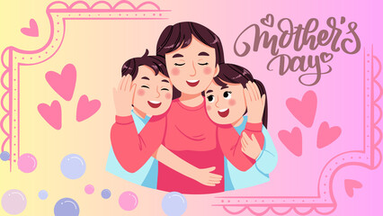 A heartwarming illustration celebrating Mother's Day with a mother embracing her two children, surrounded by soft colors and festive hearts