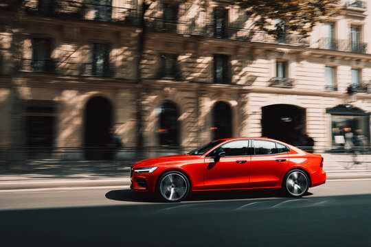 berline rouge sur boulevard moderne vide, vue de profil, no people, lumi&Atilde;&uml;re naturelle brillante, ombres nettes et realistes, style publicitaire automobile