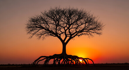 Naklejka premium Bare tree silhouette against vibrant sunset