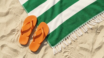 Tangerine flip flops and striped emerald beach towel lying on warm sandy beach in bright summer sunlight